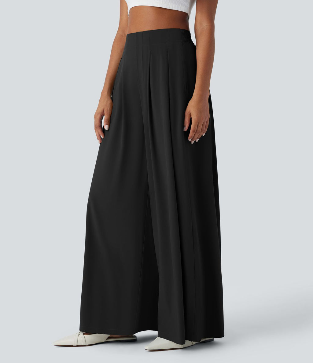 Breezeful™ Pantalon Large Fluide Taille Haute Plis Poches Latérales et Taille Élastique Séchage Rapide