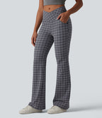 Pantalon évasé taille haute croisée ventre plat à carreaux en tissu froissé séchage rapide avec poches