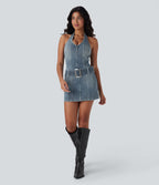 Mini-robe décontractée moulante Halara Flex™ en denim stretch lavé avec dos nu, col licou, fermeture éclair et ceinture