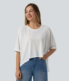 T-shirt décontracté col rond manches mi-longues ourlet asymétrique