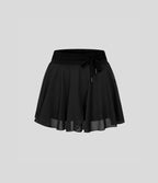Jupe Casual Évasée Fluide 2 en 1 en Maille Contrastée Taille Haute Cordon de Serrage Poche Latérale