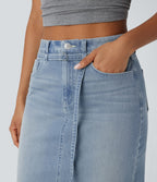 Jupe en Jean midi décontractée extensible délavée à taille moyenne avec boutons, fermeture éclair, poches multiples et fente