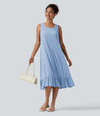 Robe midi sans manches à encolure arrondie avec coussinets amovibles et ourlet à volants