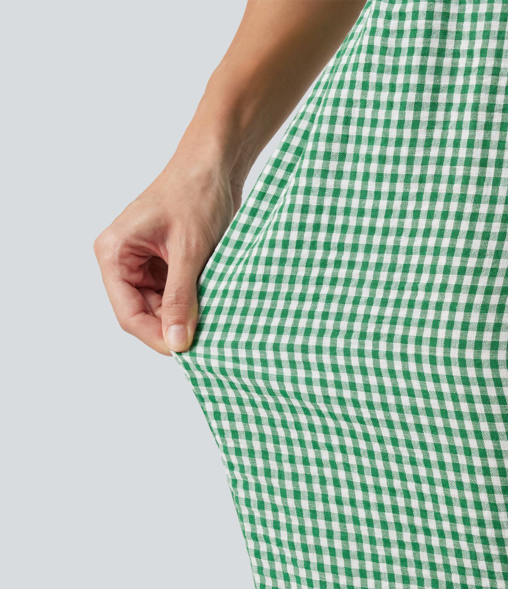 Pantalon 7/8 décontracté aspect lin à carreaux taille haute avec poches