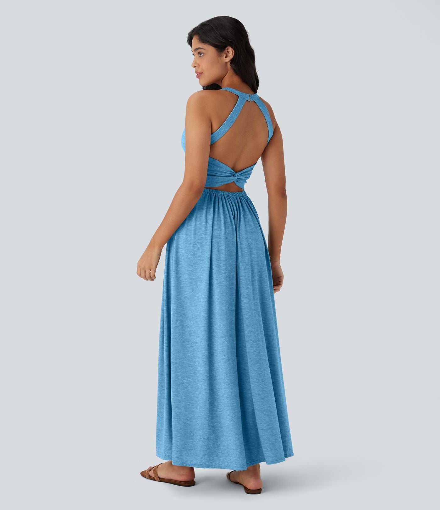 Robe longue fluide fendue avec poches latérales, dos nu et effet torsadé