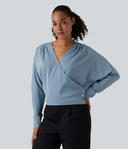 Blouse esprit bureau défroissage facile, col V, manches longues et boutons décoratifs