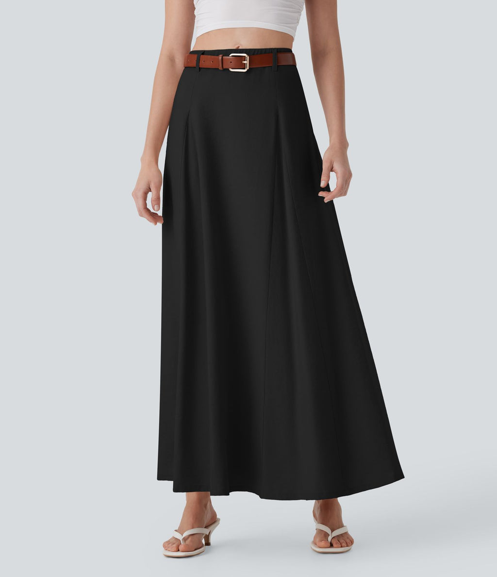 Jupe longue évasée à taille haute avec fermeture éclair invisible, aspect lin