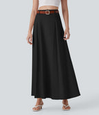 Jupe longue évasée à taille haute avec fermeture éclair invisible, aspect lin