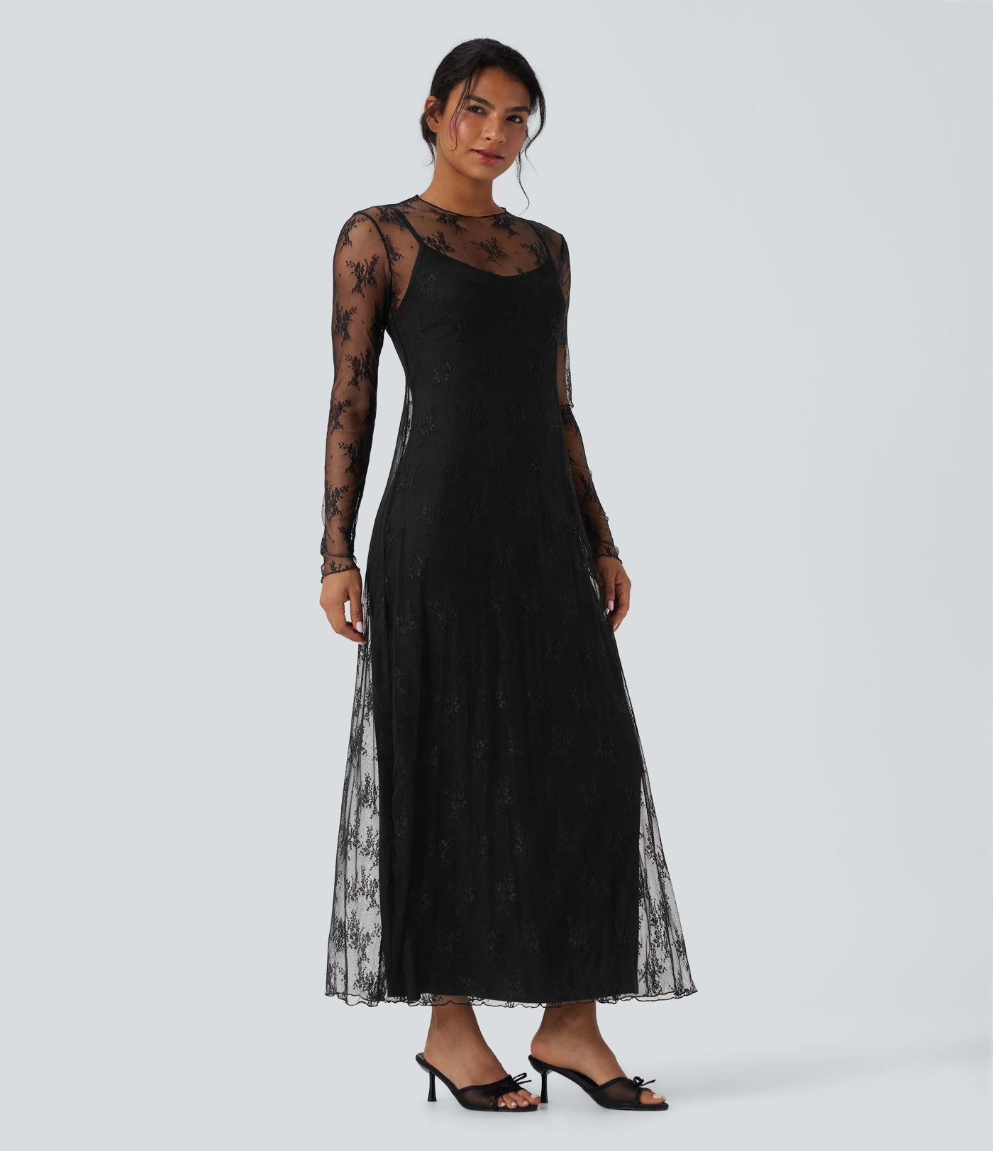 Robe longue décontractée dentelle 2 pièces manches longues