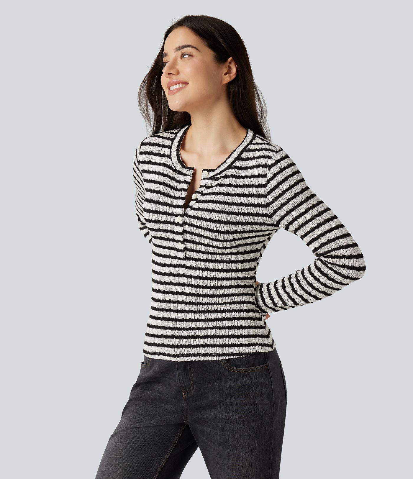 T-shirt rayé col Henley manches longues avec trous pouces