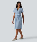 Robe-chemise midi tailleur à manches courtes et col, aspect lin à rayures, ceinturée et avec poches