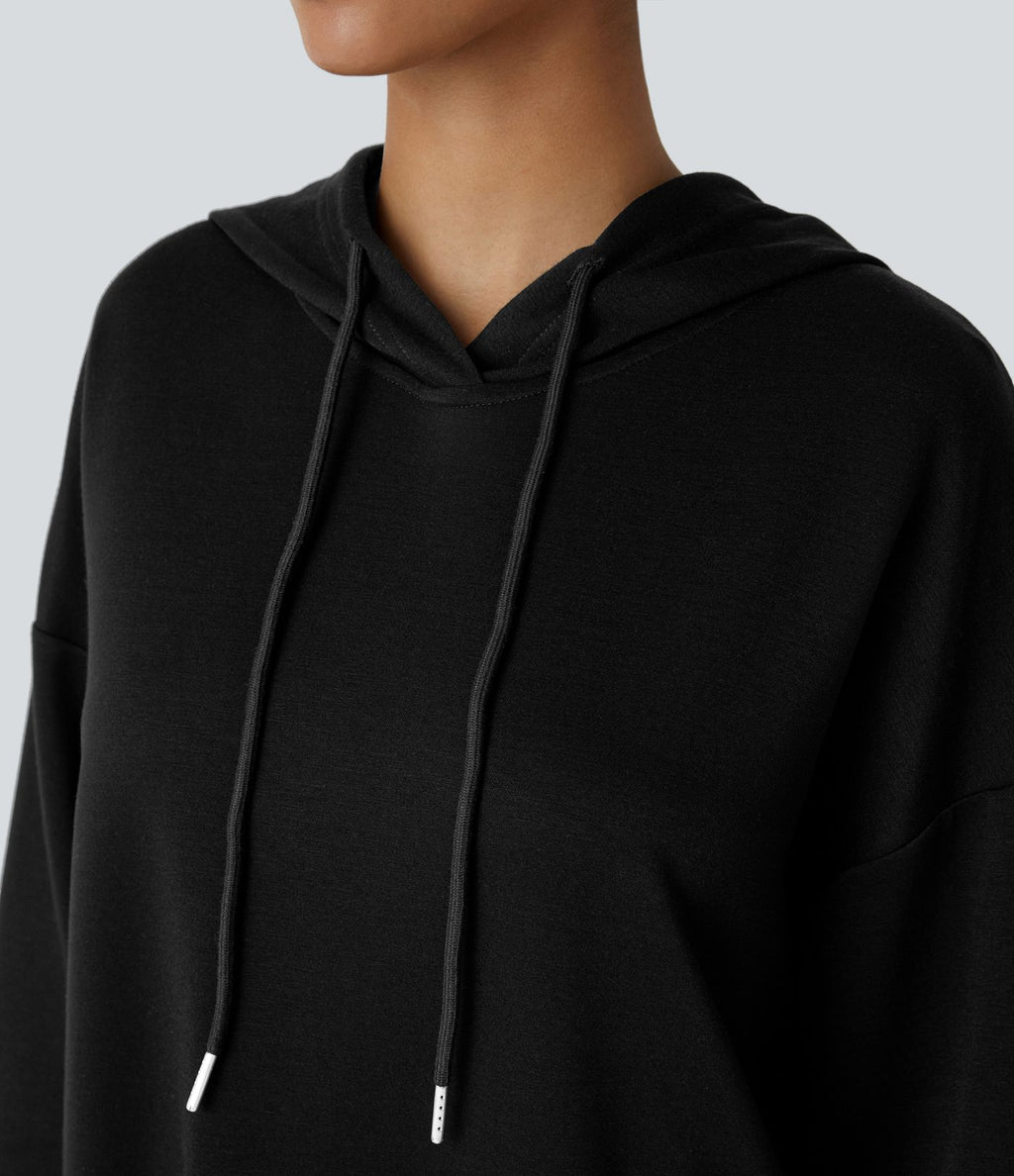 Sweat-shirt décontracté à capuche avec cordon de serrage, manches longues, poche kangourou, coupe croisée et fente