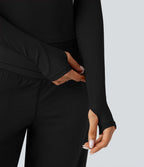 Top de sport yoga col échancré dos nu manches longues avec trous pouces