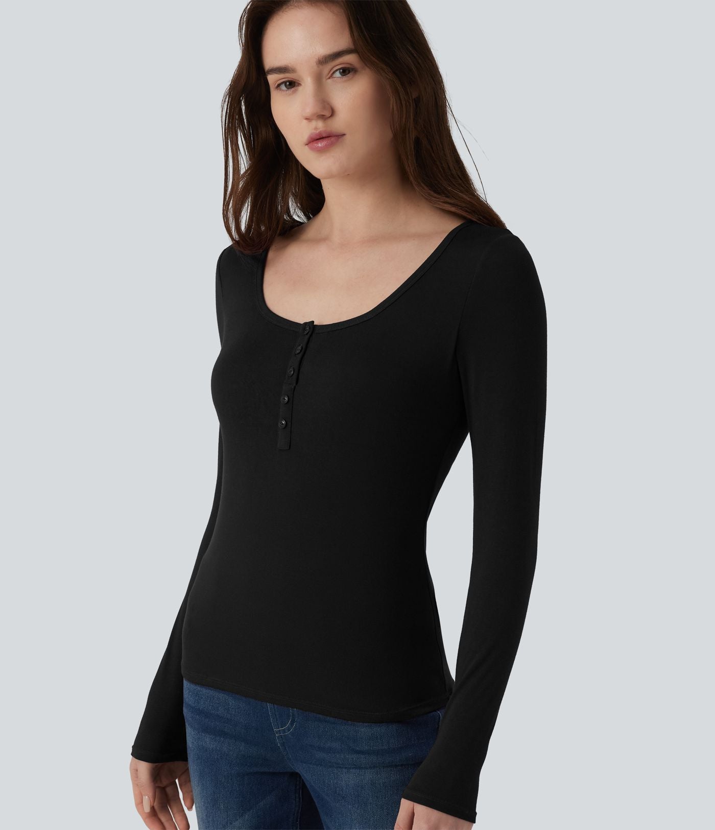 T-shirt casual ajusté manches longues col tunisien côtelé