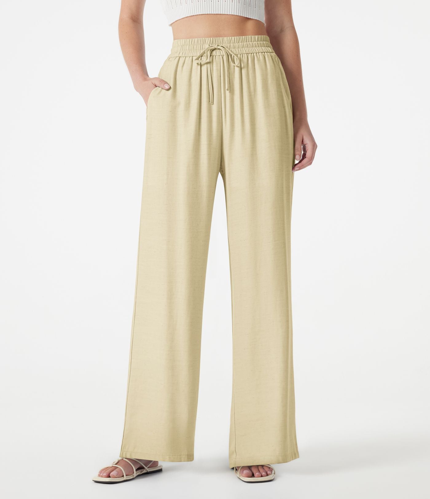 Pantalon large 2-en-1 casual en mélange de lin taille haute avec cordon et poches
