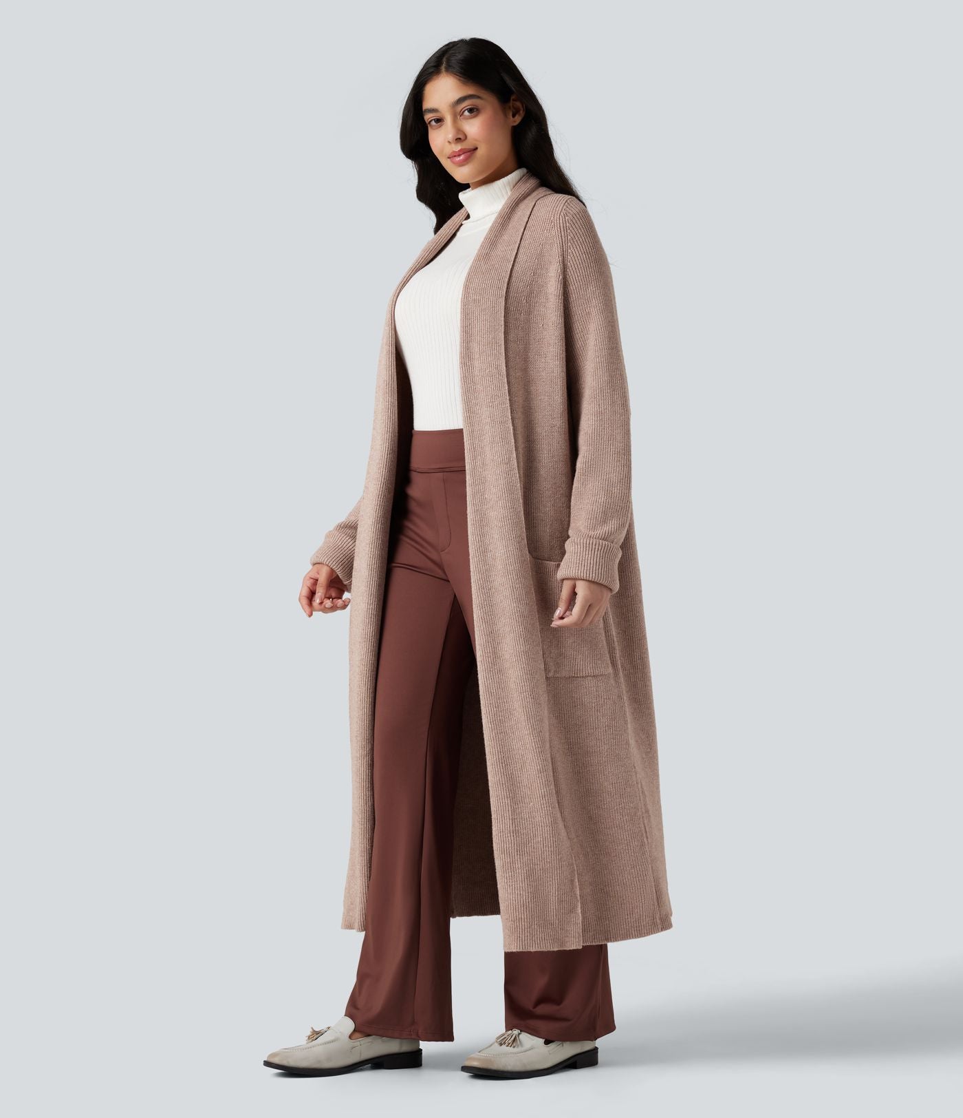 Cardigan long tailleur manches longues avec poches