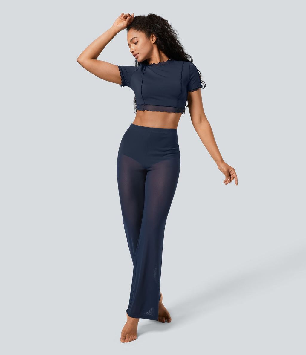 Pantalon Évasé de Danse 2 en 1 en Maille Transparente Taille Haute