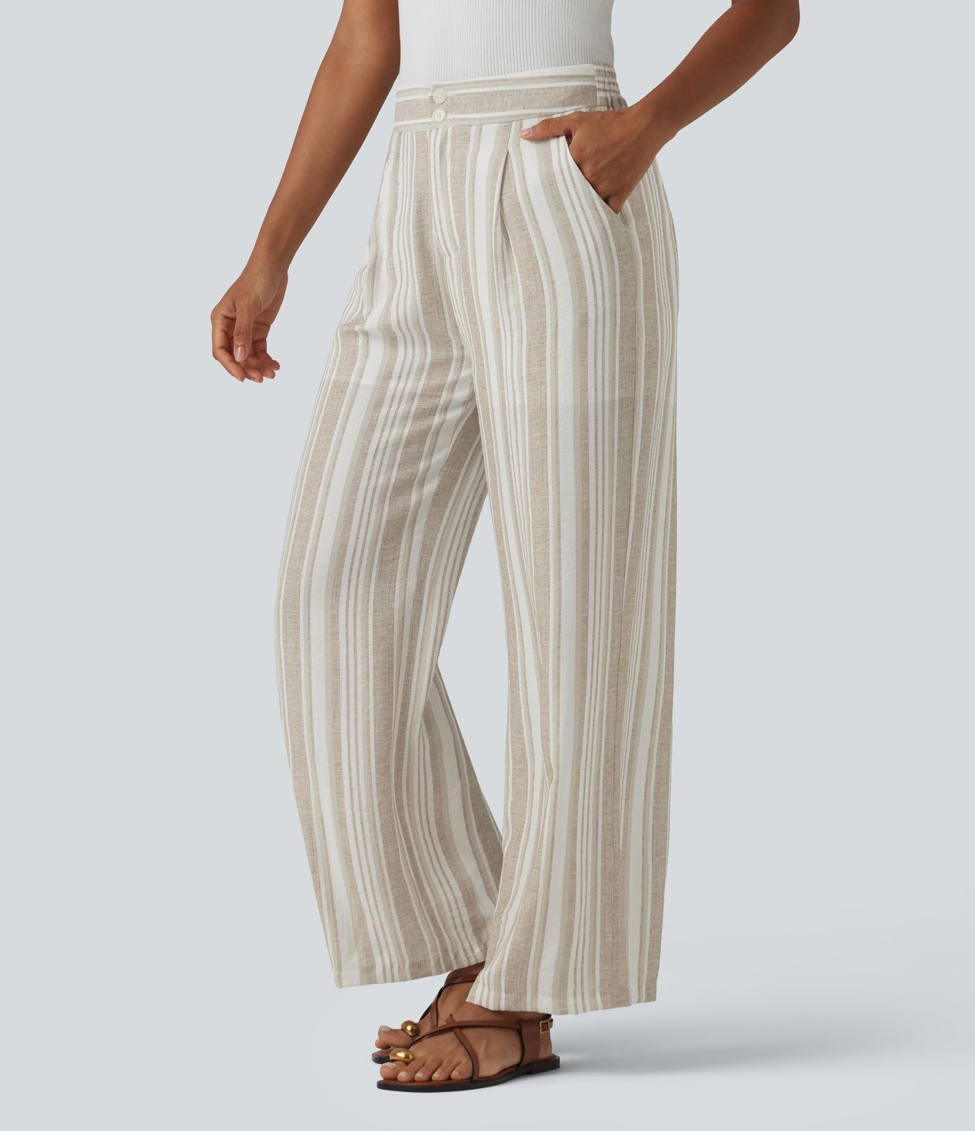 Pantalon casual large rayé taille haute avec poches