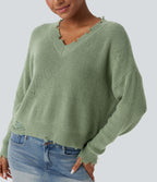Pull casual col V délavé manches longues