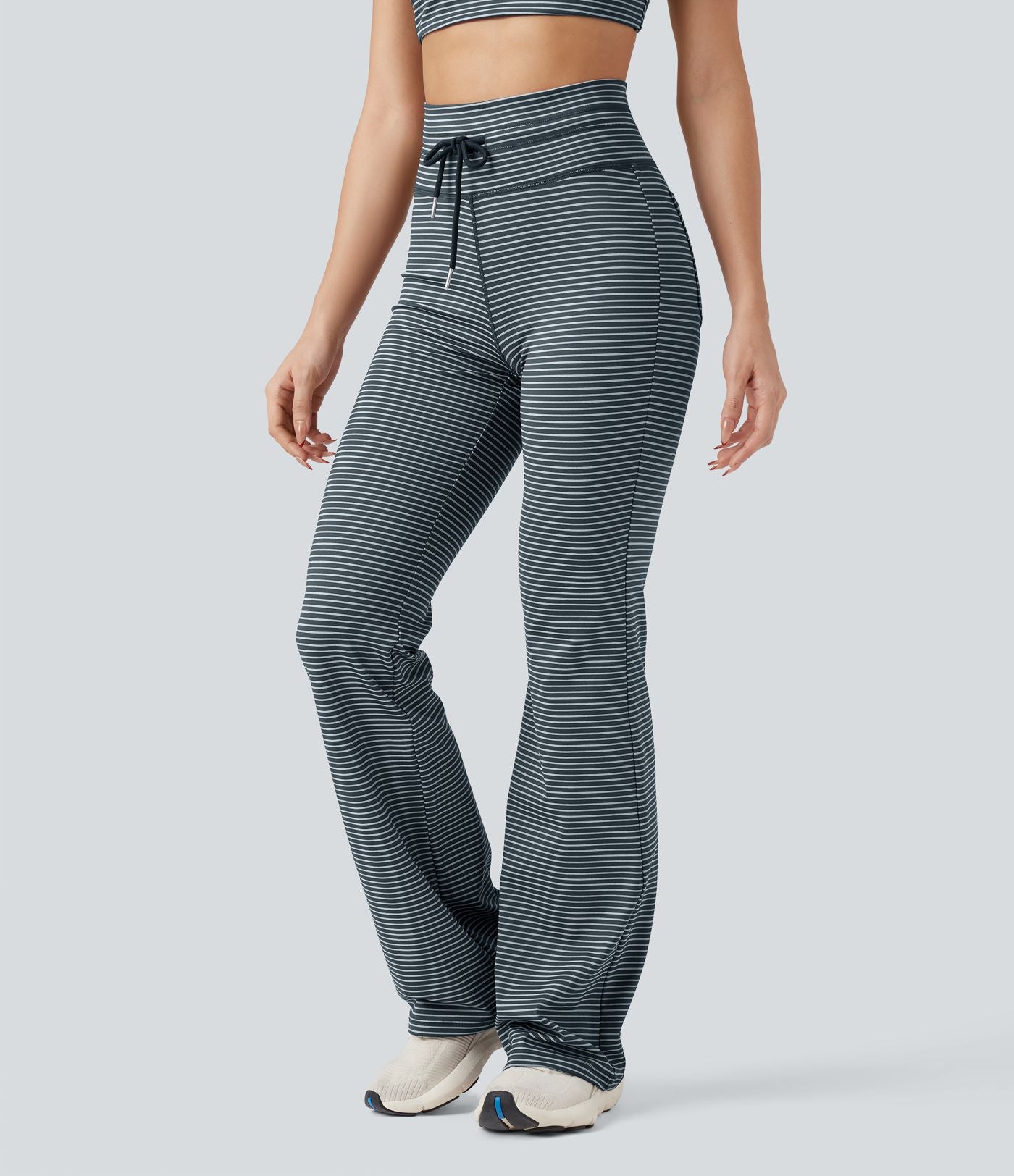 Pantalon de yoga évasé à rayures, taille haute, cordon et poches