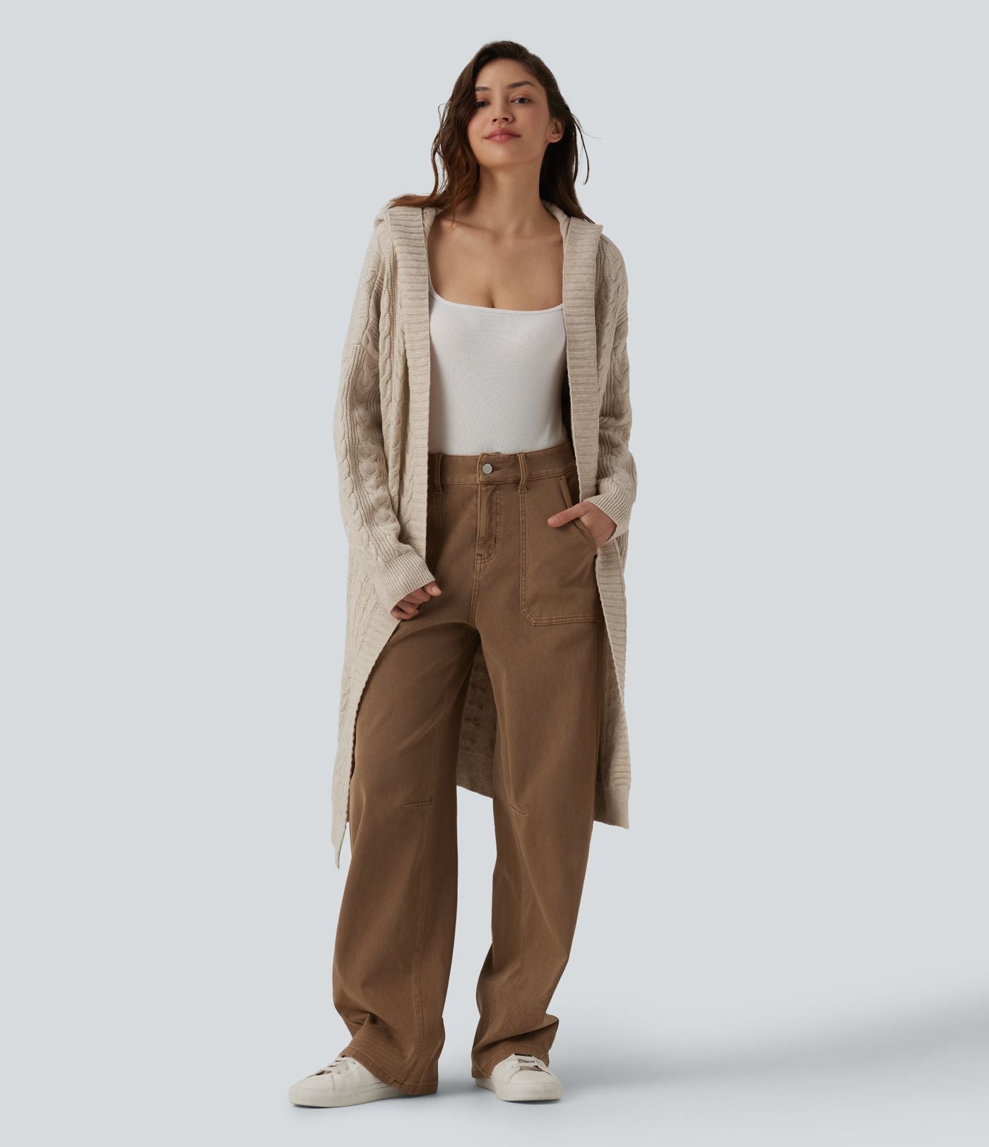 Gilet long casual à capuche manches longues avec poches