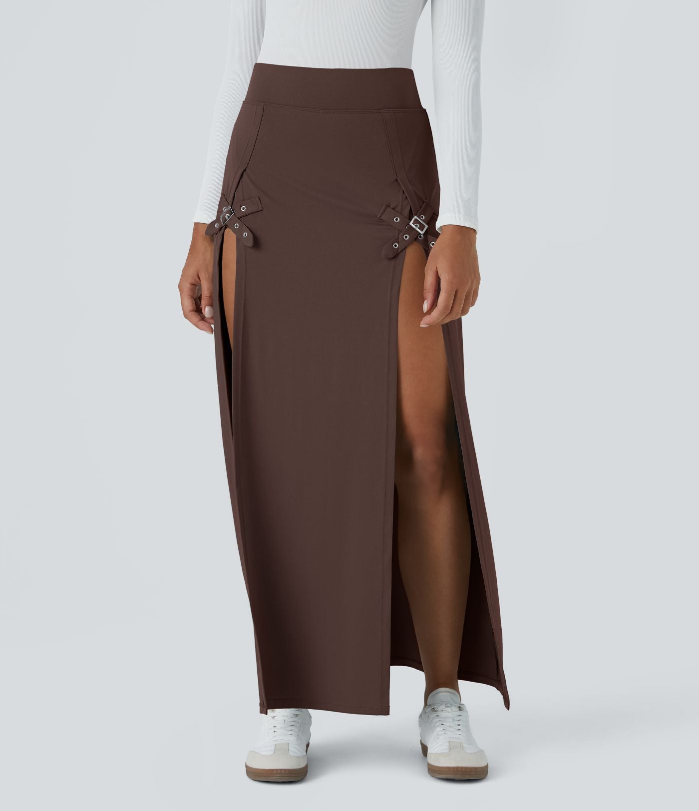 Jupe Casual Maxi 2 en 1 Taille Haute Boucle Décorative Fente