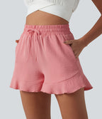 Short ample vacances taille haute cordon de serrage ourlet à volants aspect lin avec poches