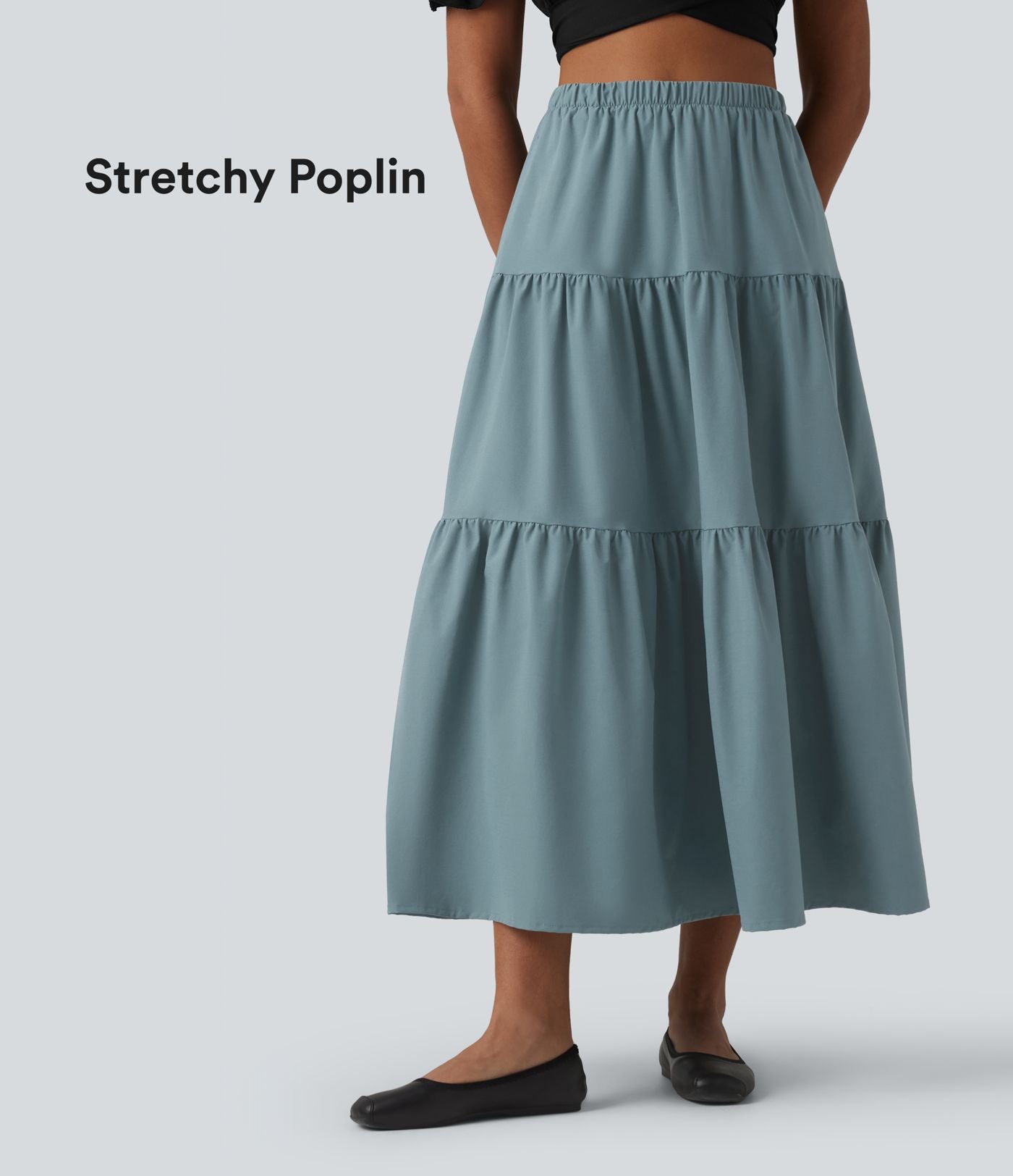 Jupe midi trapèze taille haute en popeline extensible avec poches