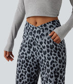 Pantalon large décontracté taille haute croisé imprimé léopard en tissu gaufré avec poches