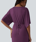 Robe midi col V manches chauve-souris ourlet tulipe torsadé