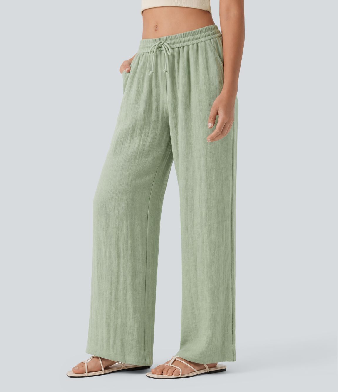 Pantalon baggy large casual effet lin taille basse avec cordon et poches