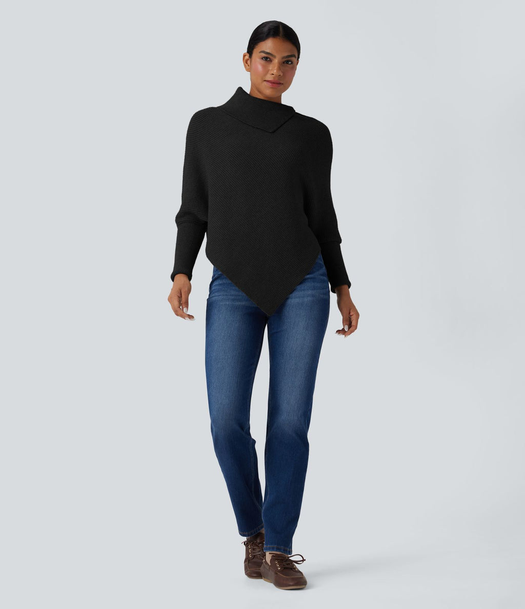Pull cape décontracté col roulé manches chauve-souris ourlet asymétrique