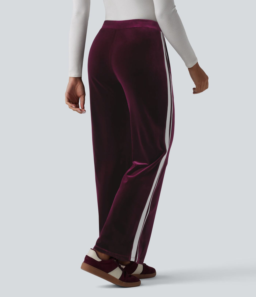 Pantalon évasé en velours taille basse color block à rayures avec poches