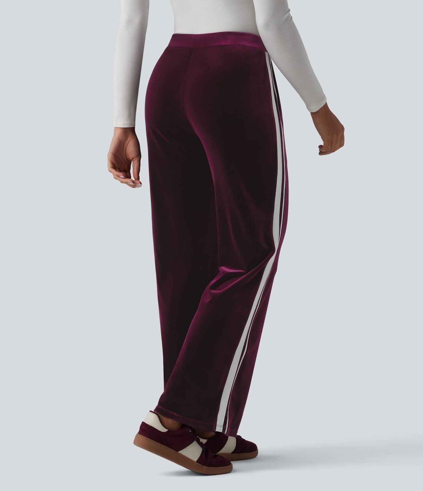 Pantalon évasé en velours taille basse color block à rayures avec poches