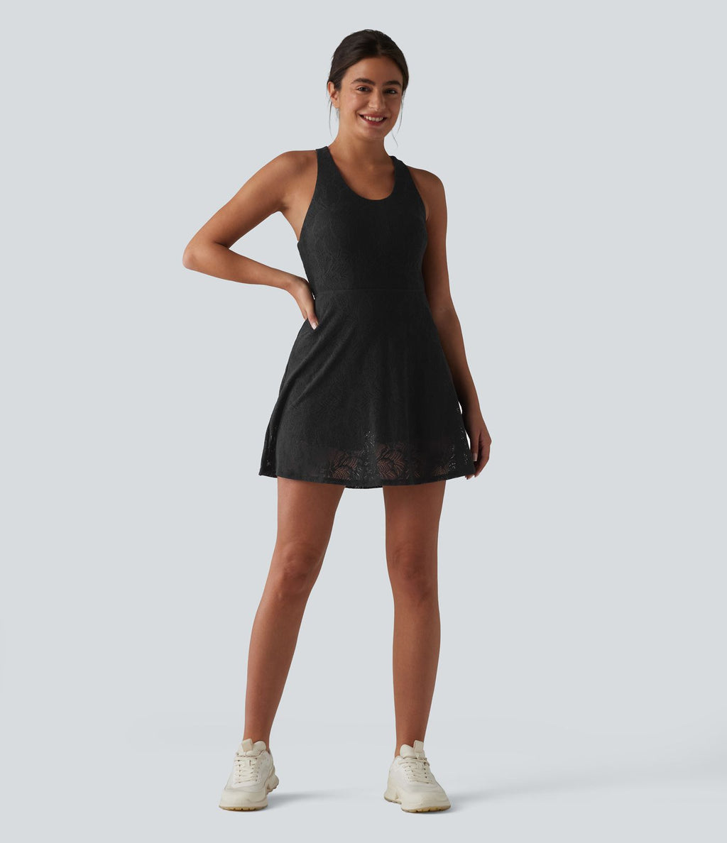 Robe de yoga évasée 2-en-1 SoftlyZero™ QuickDry avec soutien-gorge intégré, dentelle contrastée et poches - Édition Easy Peasy