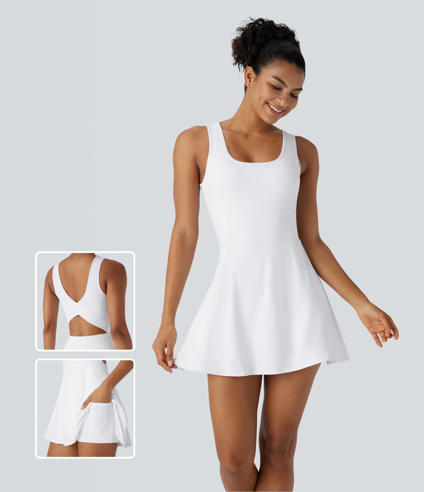 Softlyzero™ Airy Robe Sport de danse courte 2-en-1 avec dos nu croisé, encolure en U et poches latérales