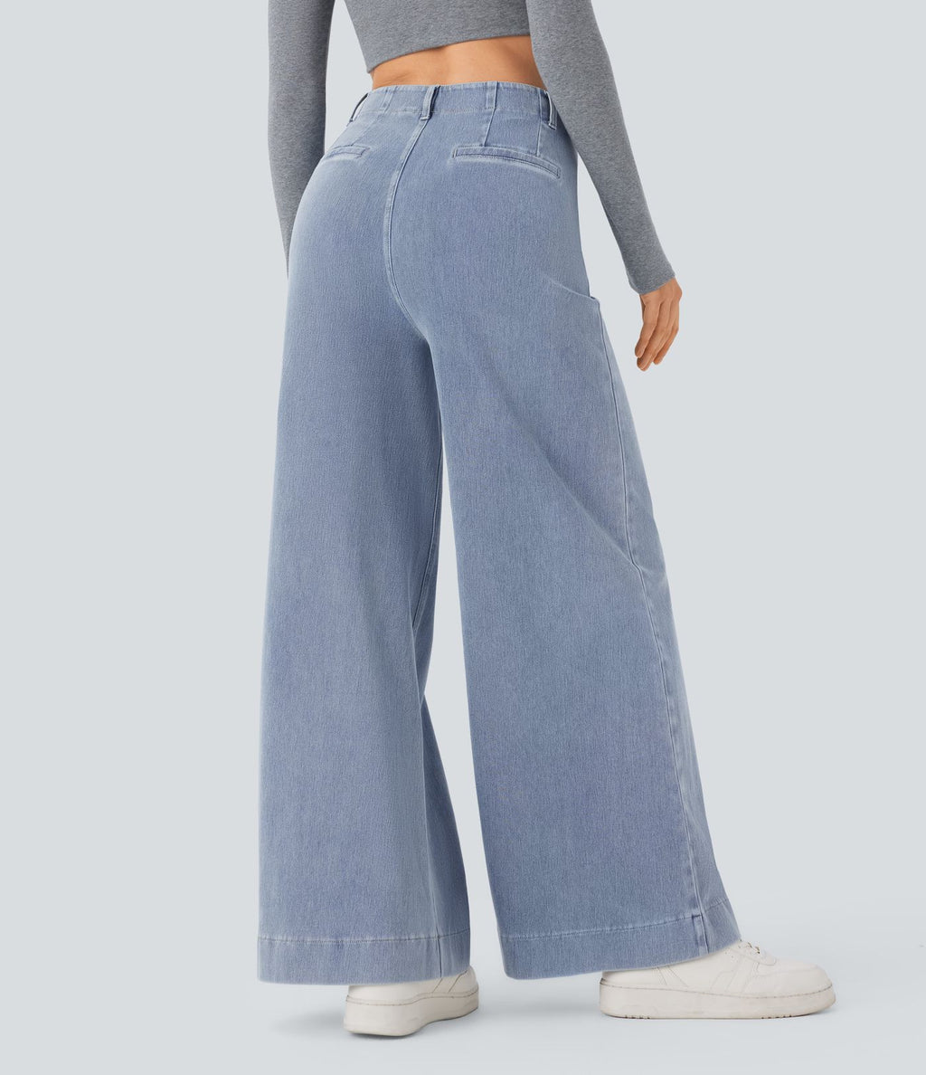 Halara Flex™ Jean large Palazzo et Taille Haute avec Poches Avant en Tricot Extensible Lavé