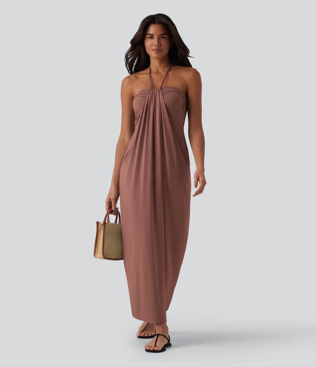 Robe longue dos nu col licou avec nœud et poches