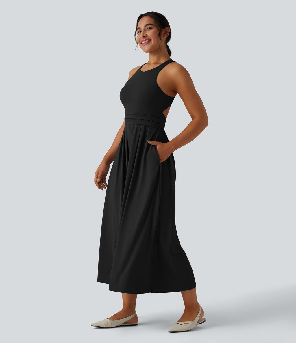 Robe midi décontractée col rond dos nageur avec poches