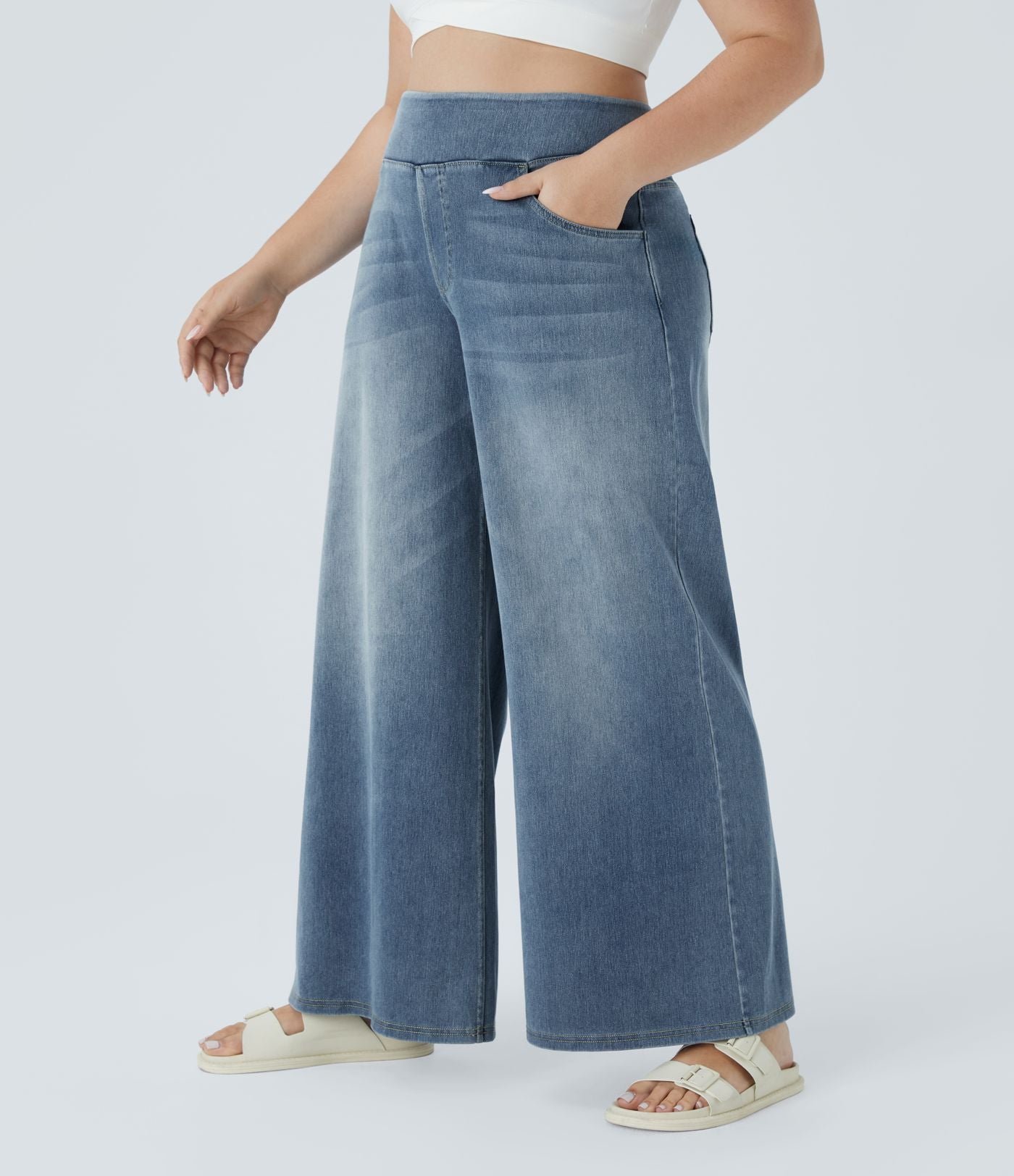 Halara Flex™ Jeans Larges Casual Taille Haute Multiples Poches Lavés Élastiques et Tricotés Grande Taille