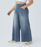 Halara Flex™ Jeans Larges Casual Taille Haute Multiples Poches Lavés Élastiques et Tricotés Grande Taille