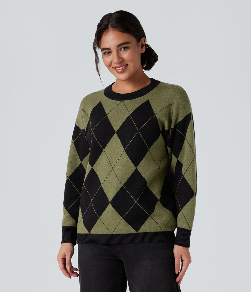 Pull de travail carreaux losange col rond manches longues