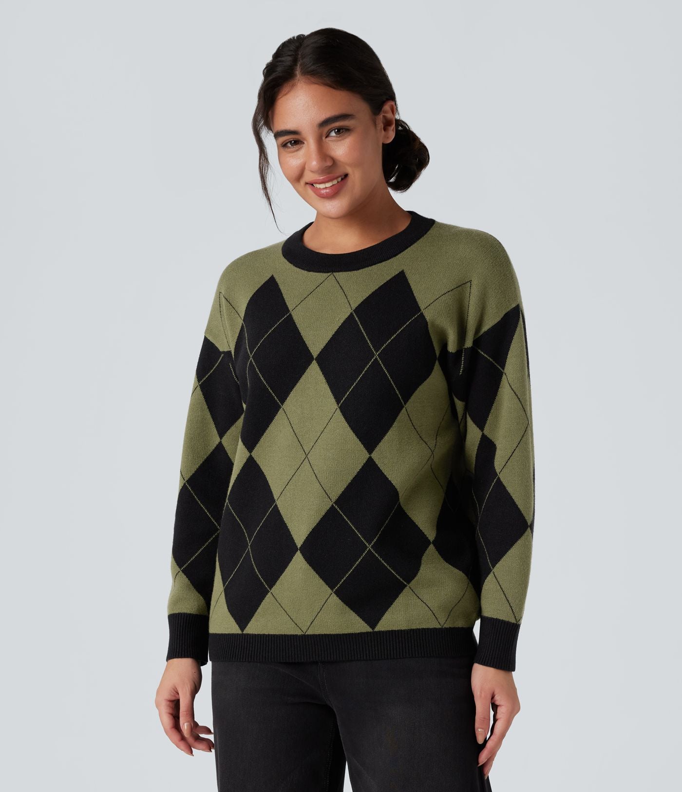 Pull de travail carreaux losange col rond manches longues