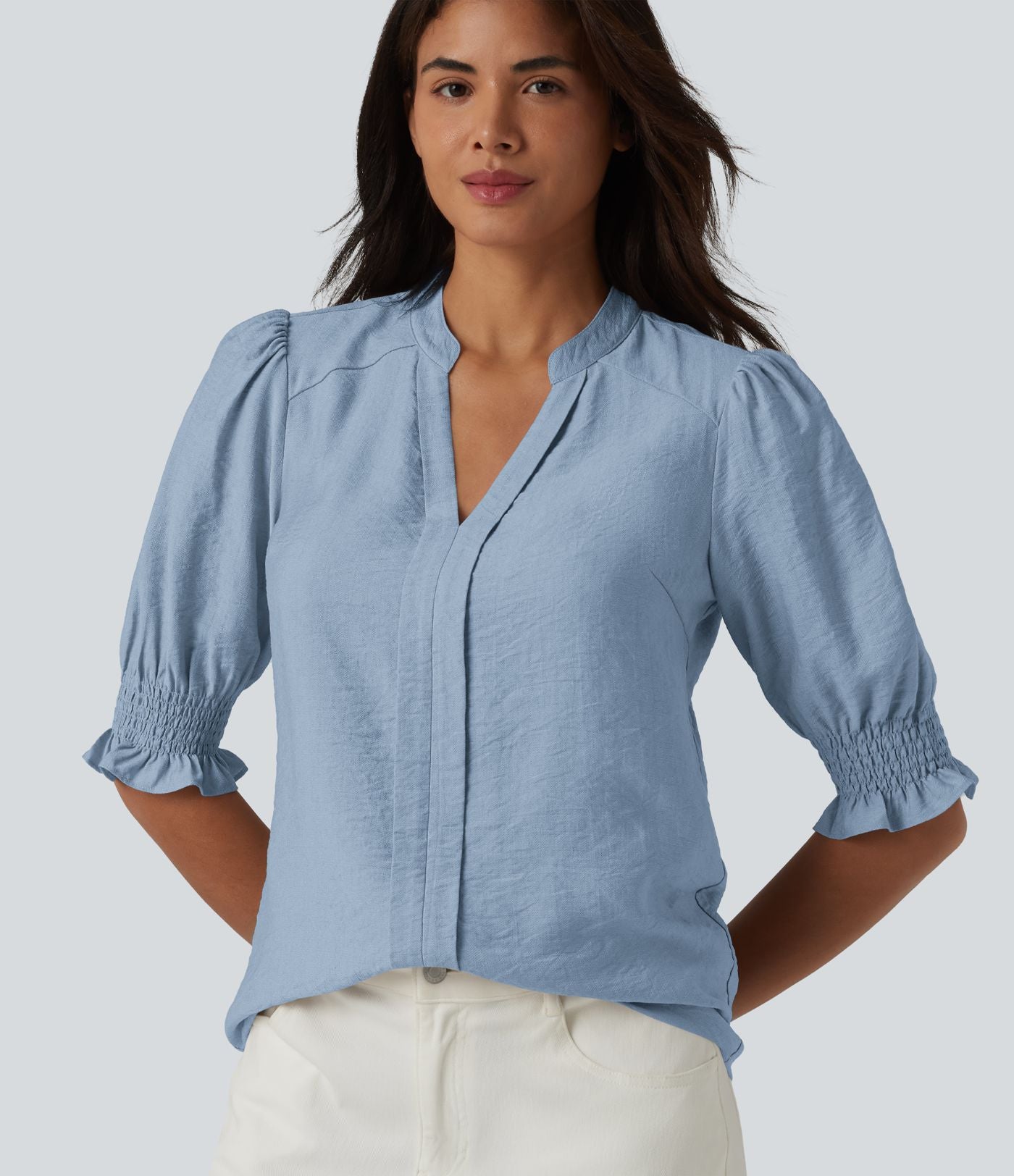 Blouse décontractée à col en V et manches courtes bouffantes