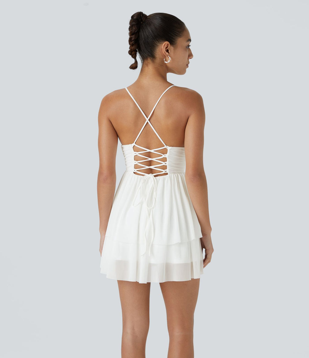 Robe Soirée Mini Superpositions en Maille avec Dos Nu Croisé Lacets