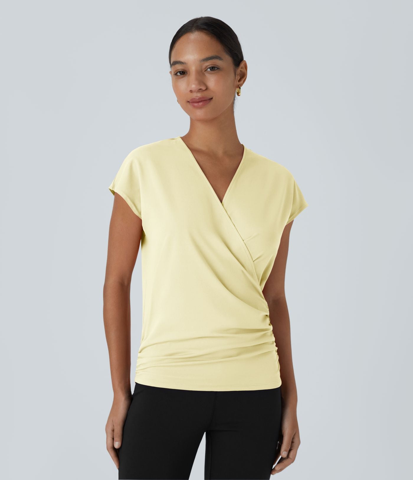 Blouse Travail Unie Froncée Croisée Manches Courtes Col en V