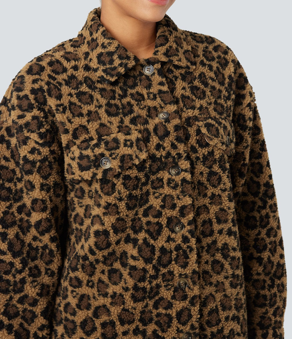 Veste-chemise sherpa col ourlet arrondi manches longues avec poches