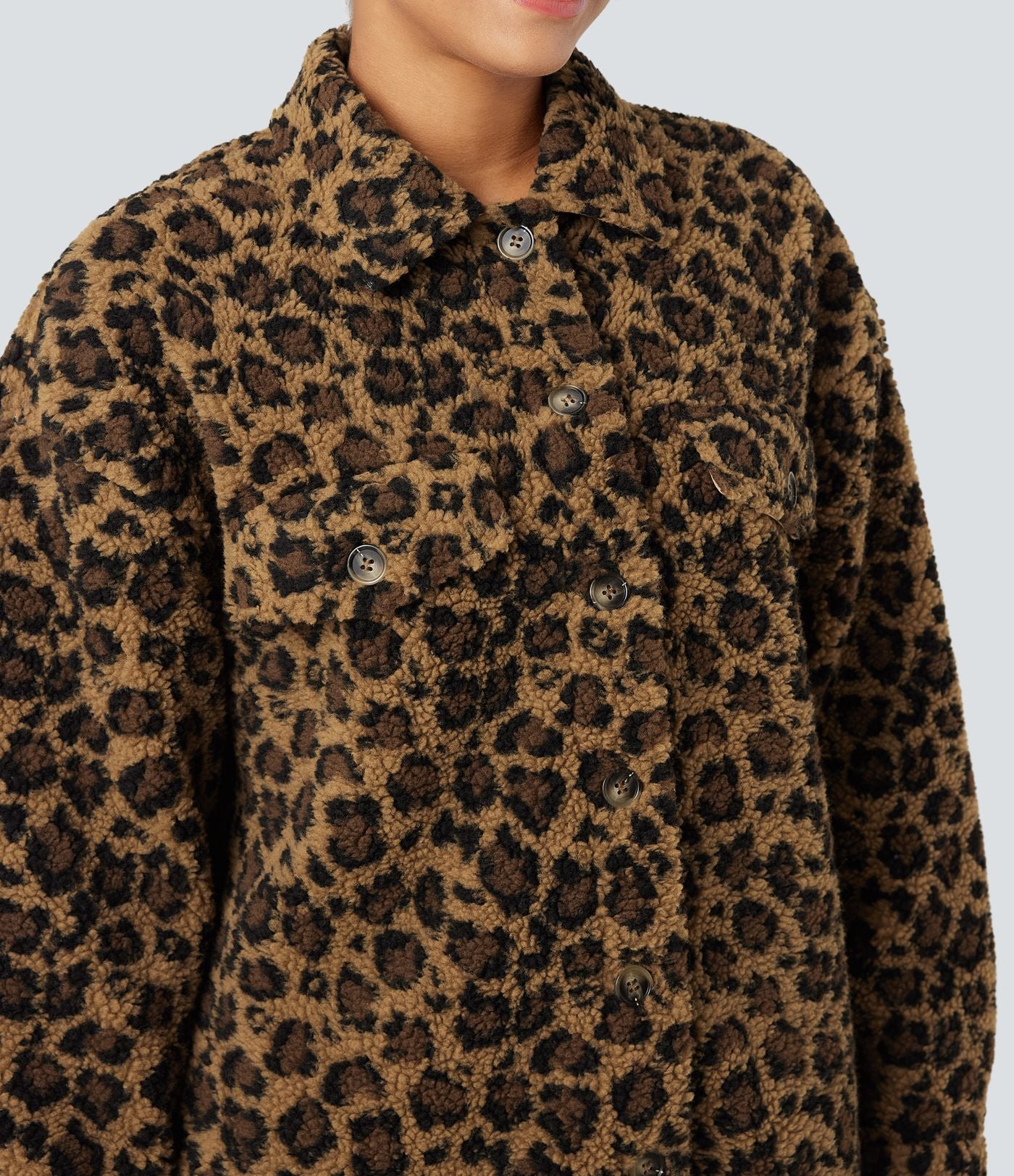 Veste-chemise sherpa col ourlet arrondi manches longues avec poches