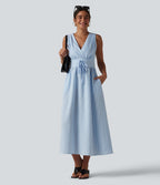 Robe midi rayée sans manches à col en V et poches