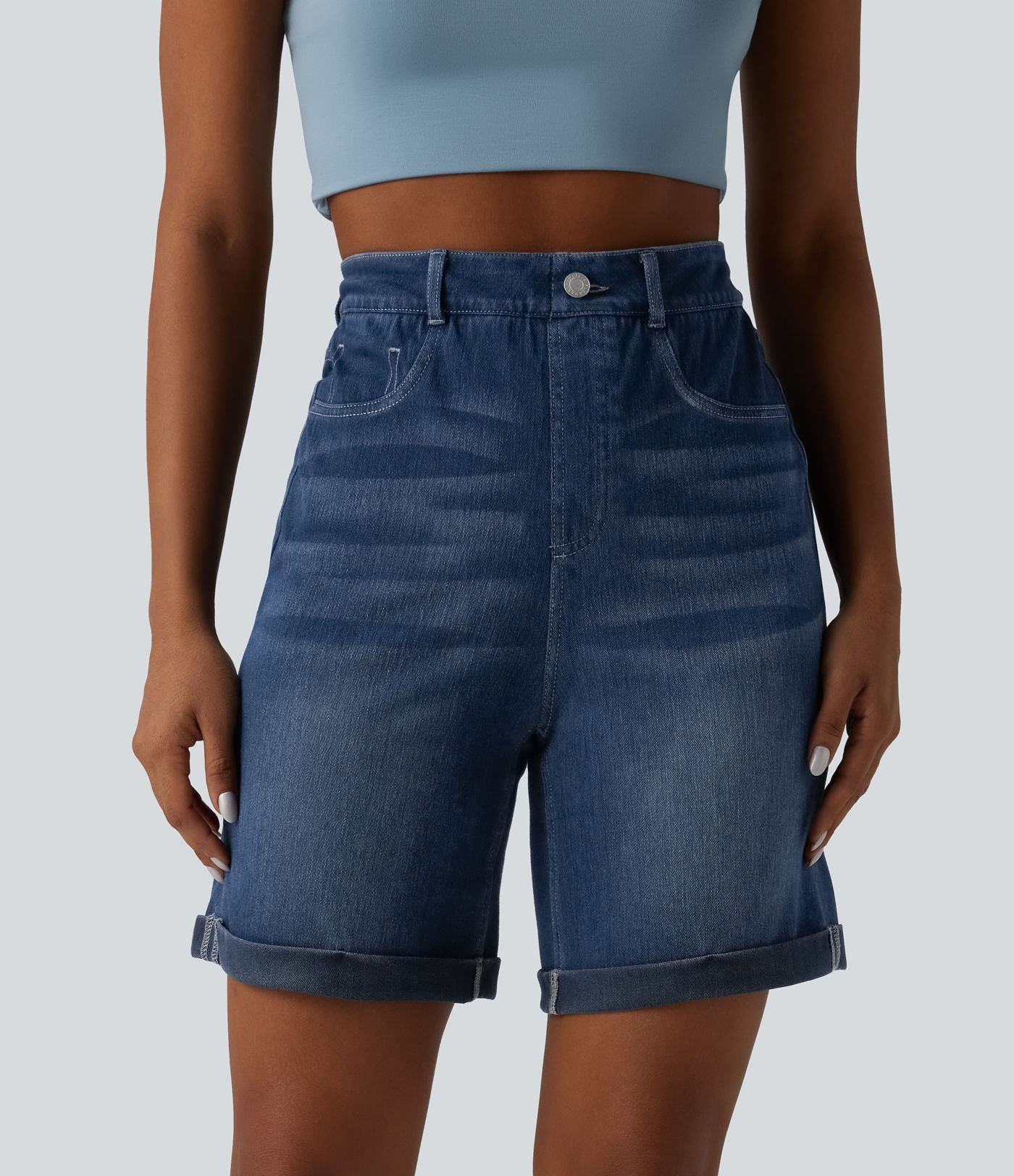 Halara Flex™ Short casual en jean skinny gainant taille haute à ourlet retroussé avec poches